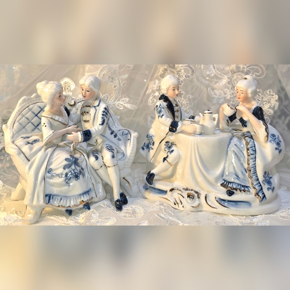 Elegant Blue and White Porcelain Couple Sculpture